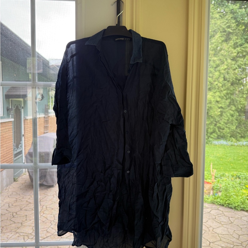 Zara Navy Sheer Blouse with denim look collar